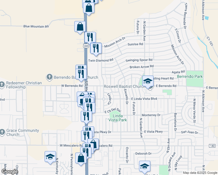 map of restaurants, bars, coffee shops, grocery stores, and more near 304 East Berrendo Road in Roswell