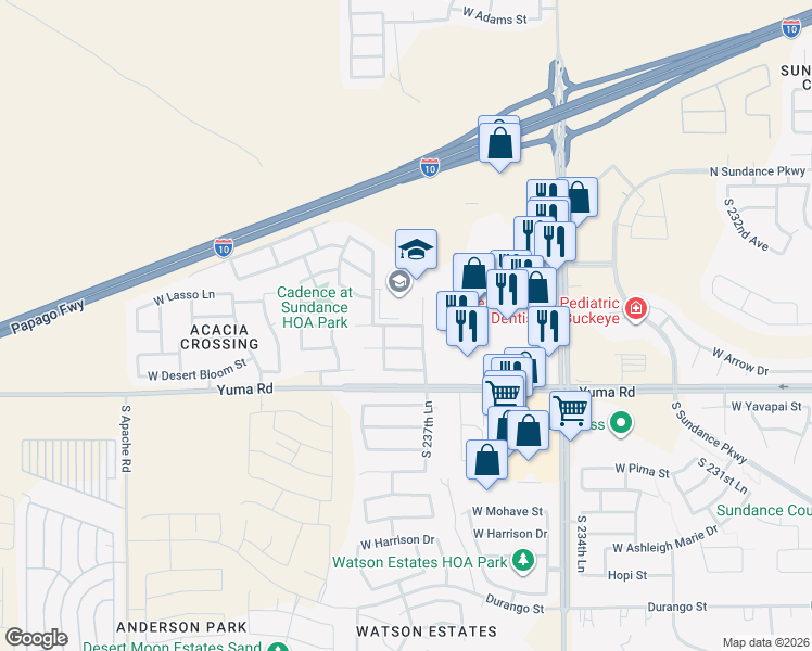 map of restaurants, bars, coffee shops, grocery stores, and more near 23800 West Hadley Street in Buckeye