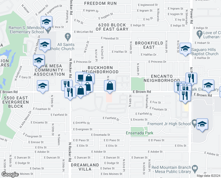 map of restaurants, bars, coffee shops, grocery stores, and more near 6238 East Greenway Circle in Mesa