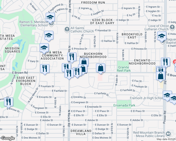 map of restaurants, bars, coffee shops, grocery stores, and more near 6130 East Brown Road in Mesa