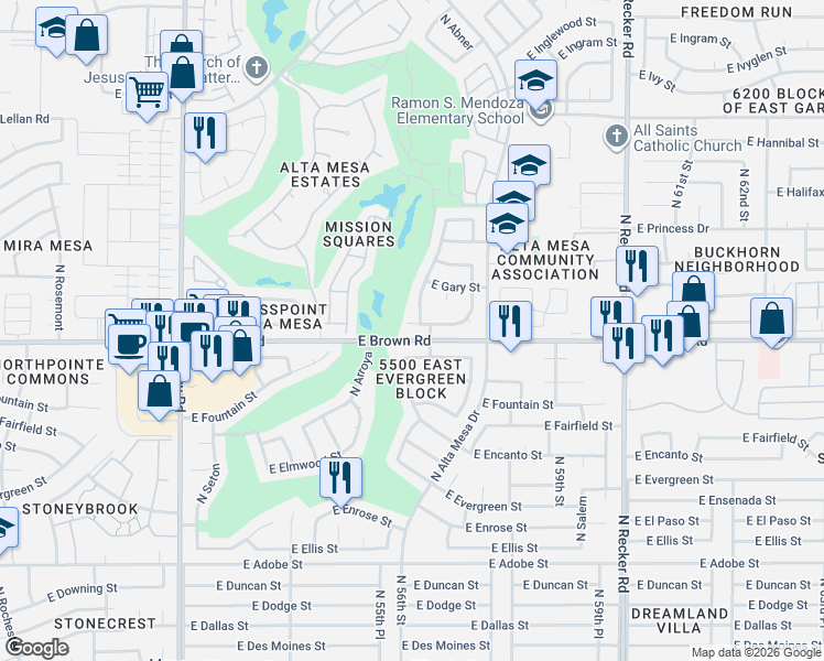 map of restaurants, bars, coffee shops, grocery stores, and more near 5630 East Greenway Street in Mesa