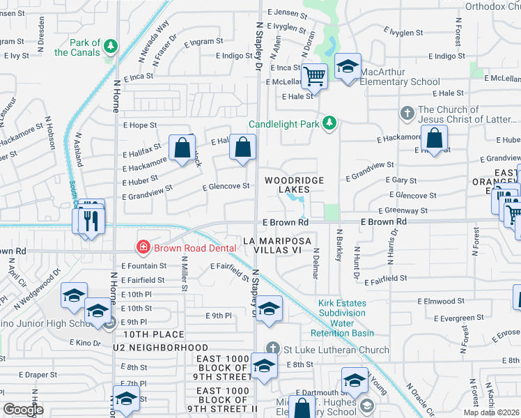 map of restaurants, bars, coffee shops, grocery stores, and more near 1210 North Stapley Drive in Mesa