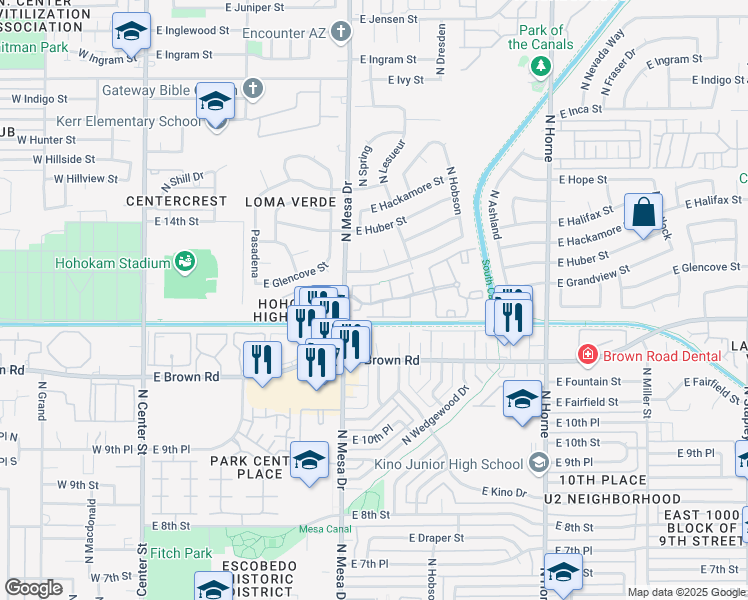 map of restaurants, bars, coffee shops, grocery stores, and more near 1233 North Mesa Drive in Mesa