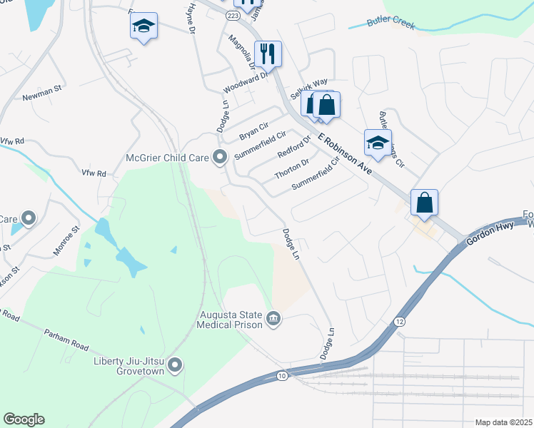 map of restaurants, bars, coffee shops, grocery stores, and more near 302 Browning Drive in Grovetown