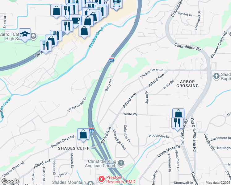 map of restaurants, bars, coffee shops, grocery stores, and more near 1416 Shades Crest Road in Birmingham
