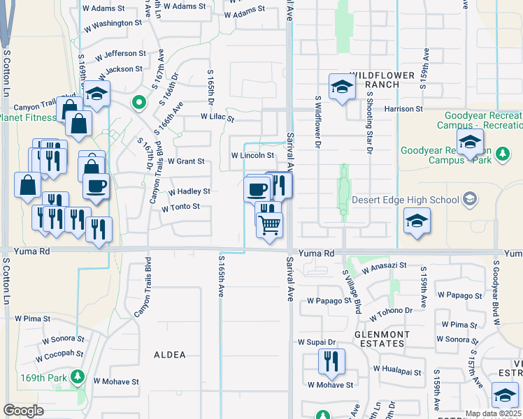 map of restaurants, bars, coffee shops, grocery stores, and more near 16380 West Yuma Road in Goodyear
