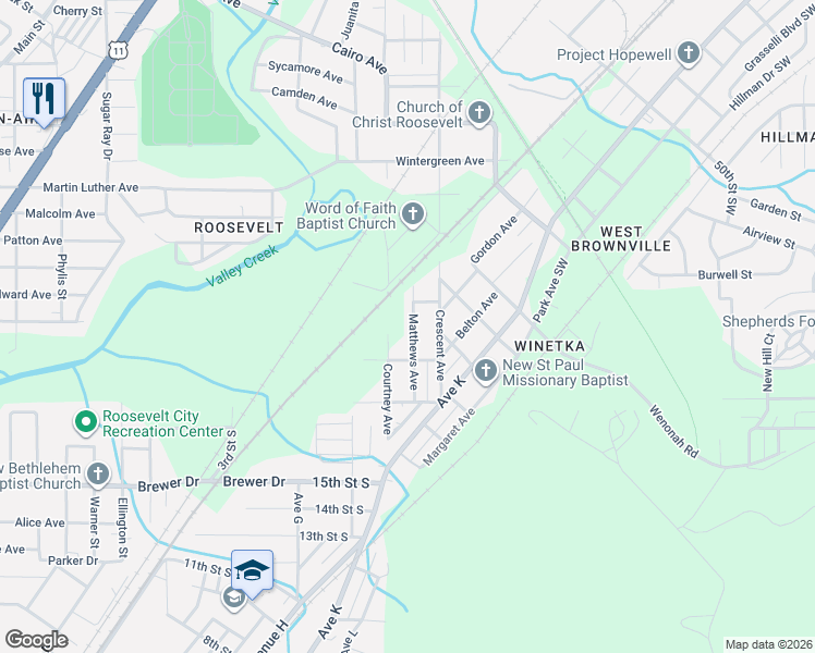 map of restaurants, bars, coffee shops, grocery stores, and more near 1925 Courtney Avenue in Bessemer