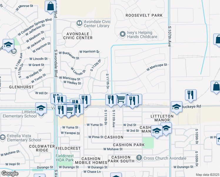 map of restaurants, bars, coffee shops, grocery stores, and more near 802 South 111th Drive in Avondale