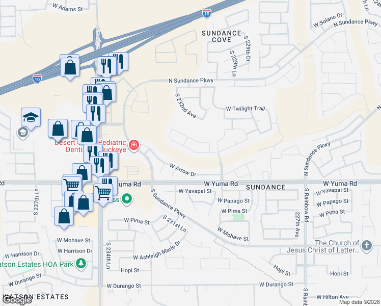 map of restaurants, bars, coffee shops, grocery stores, and more near 23116 West Lasso Lane in Buckeye