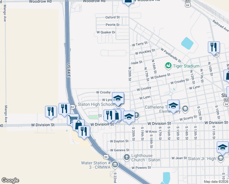 map of restaurants, bars, coffee shops, grocery stores, and more near 1398 W Crosby St in Slaton