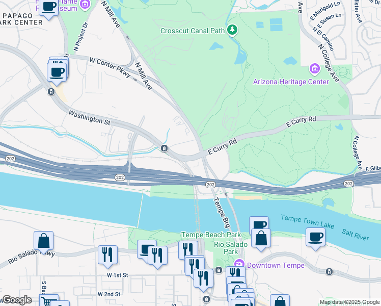 map of restaurants, bars, coffee shops, grocery stores, and more near 350 West Washington Street in Tempe