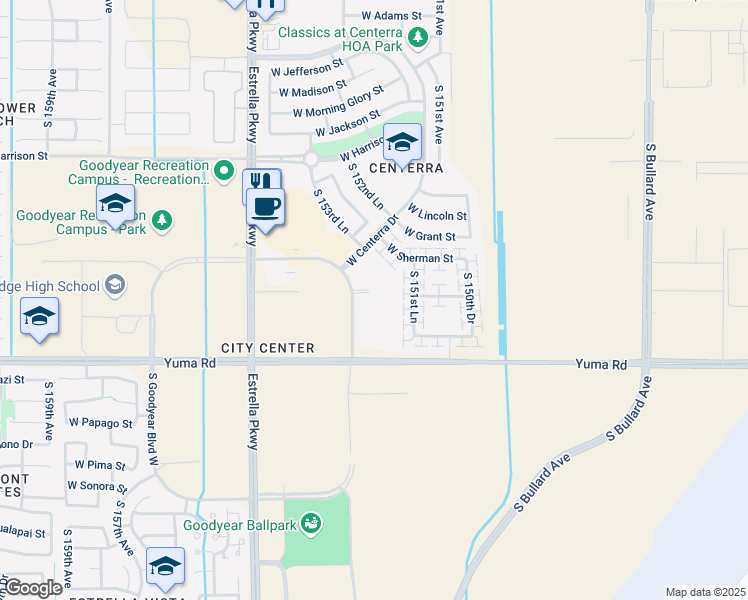 map of restaurants, bars, coffee shops, grocery stores, and more near 949 South Goodyear Boulevard East in Goodyear