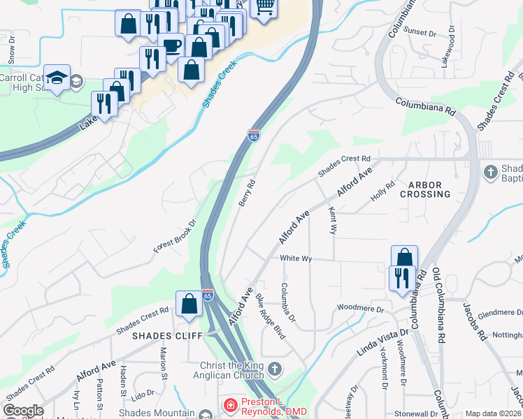 map of restaurants, bars, coffee shops, grocery stores, and more near 1416 Shades Crest Road in Birmingham