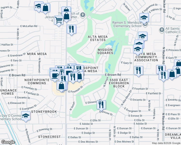 map of restaurants, bars, coffee shops, grocery stores, and more near 5403 East Greenway Street in Mesa