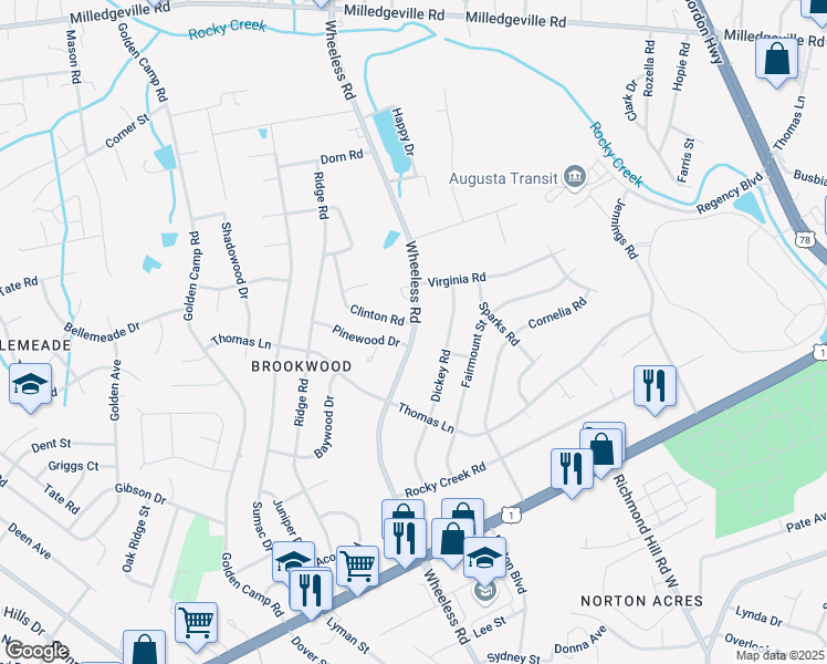 map of restaurants, bars, coffee shops, grocery stores, and more near Wheeless Road in Augusta