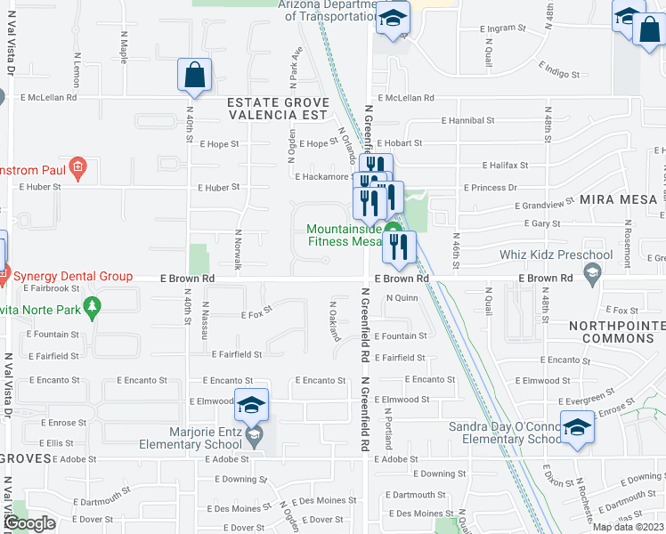 map of restaurants, bars, coffee shops, grocery stores, and more near 4320 East Brown Road in Mesa