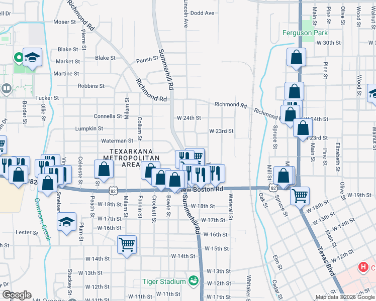 map of restaurants, bars, coffee shops, grocery stores, and more near 2201 Stevenson Street in Texarkana