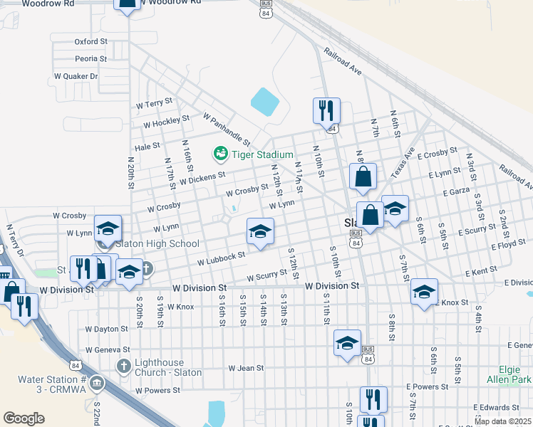 map of restaurants, bars, coffee shops, grocery stores, and more near 535 West Lynn Street in Slaton