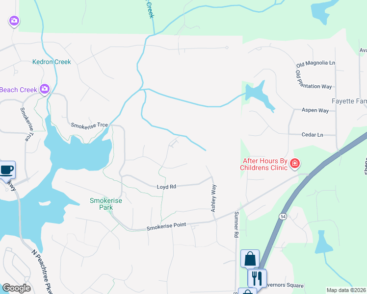 map of restaurants, bars, coffee shops, grocery stores, and more near 806 Ridgestone Court in Peachtree City