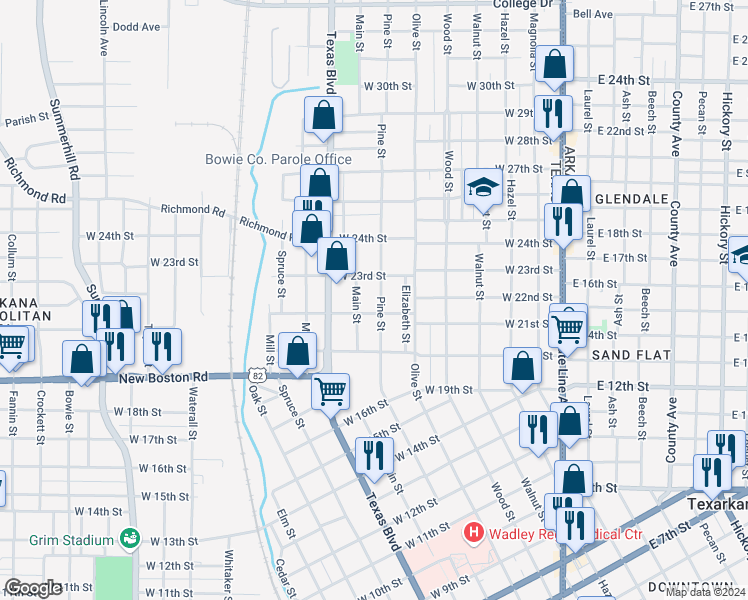 map of restaurants, bars, coffee shops, grocery stores, and more near 2107 Pine Street in Texarkana