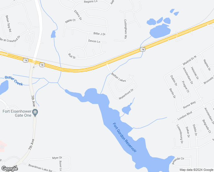 map of restaurants, bars, coffee shops, grocery stores, and more near 2511 Waterfront Drive in Augusta