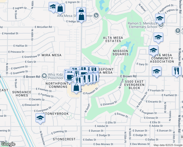 map of restaurants, bars, coffee shops, grocery stores, and more near 5113 East Greenway Circle in Mesa