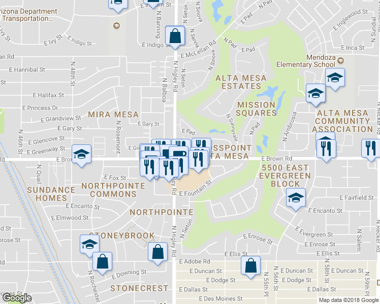 map of restaurants, bars, coffee shops, grocery stores, and more near 5113 East Greenway Circle in Mesa
