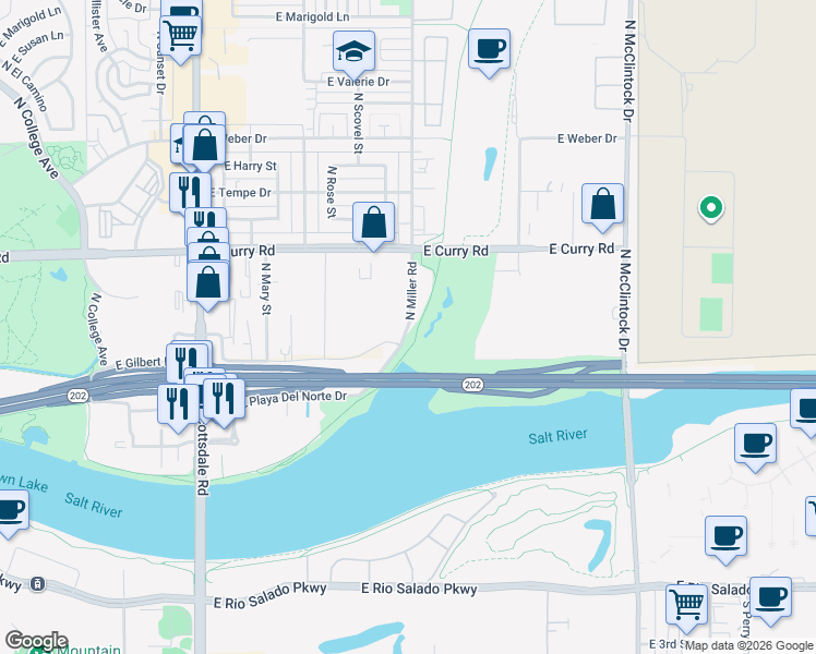 map of restaurants, bars, coffee shops, grocery stores, and more near 825 North Miller Road in Tempe