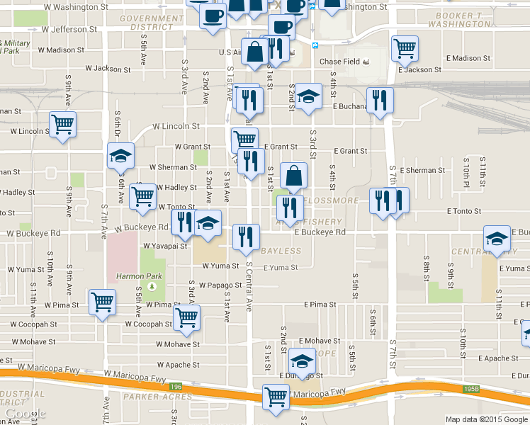 map of restaurants, bars, coffee shops, grocery stores, and more near 1004 South 1st Street in Phoenix