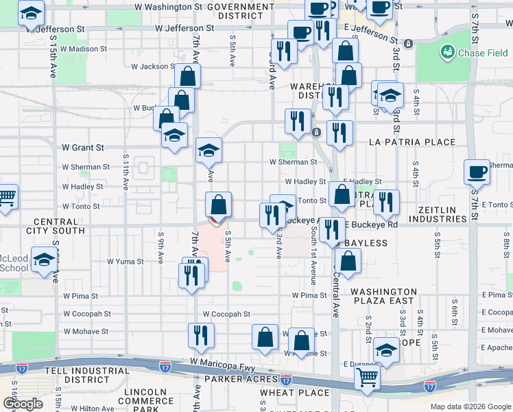 map of restaurants, bars, coffee shops, grocery stores, and more near 1004 South Montezuma Avenue in Phoenix
