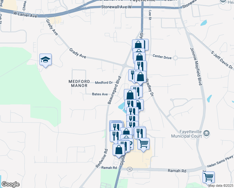 map of restaurants, bars, coffee shops, grocery stores, and more near 110 Apple Blossom Lane in Fayetteville