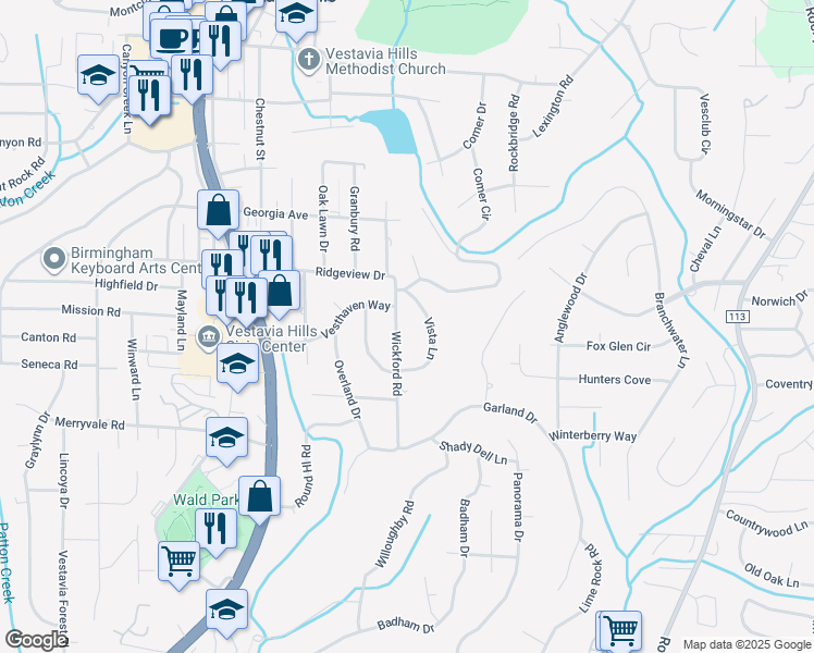 map of restaurants, bars, coffee shops, grocery stores, and more near 1208 Vista Lane in Vestavia Hills