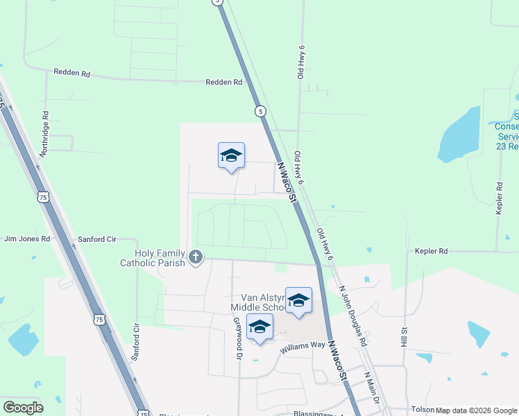 map of restaurants, bars, coffee shops, grocery stores, and more near 886 Brazos Drive in Van Alstyne