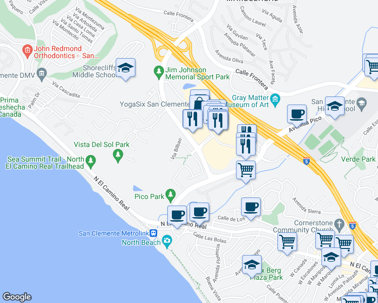 map of restaurants, bars, coffee shops, grocery stores, and more near 104 Via Pamplona in San Clemente
