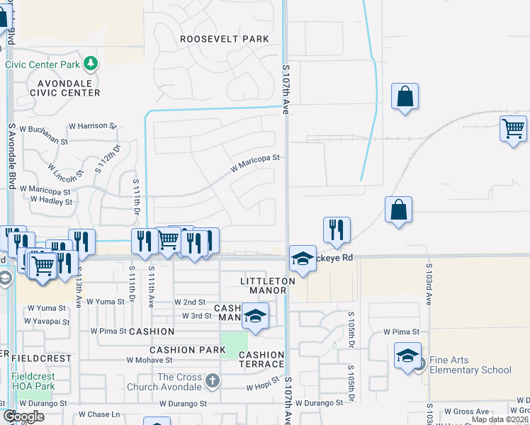 map of restaurants, bars, coffee shops, grocery stores, and more near 914 South 108th Avenue in Avondale