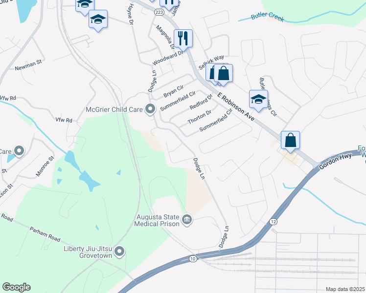 map of restaurants, bars, coffee shops, grocery stores, and more near 302 Browning Drive in Grovetown