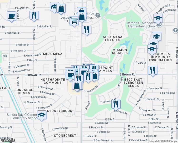 map of restaurants, bars, coffee shops, grocery stores, and more near 5113 East Greenway Circle in Mesa