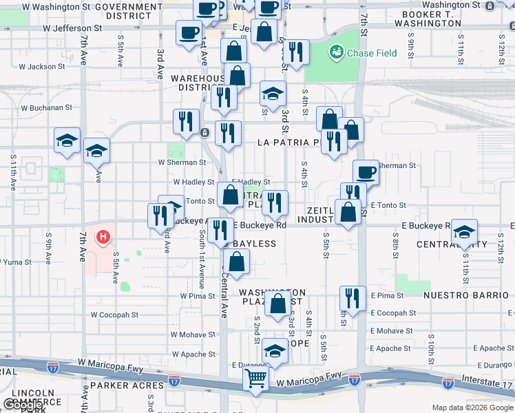 map of restaurants, bars, coffee shops, grocery stores, and more near 1001 South 2nd Street in Phoenix