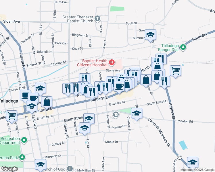 map of restaurants, bars, coffee shops, grocery stores, and more near 604 North Street East in Talladega