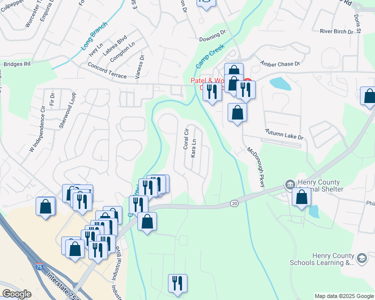 map of restaurants, bars, coffee shops, grocery stores, and more near 256 Coral Circle in McDonough