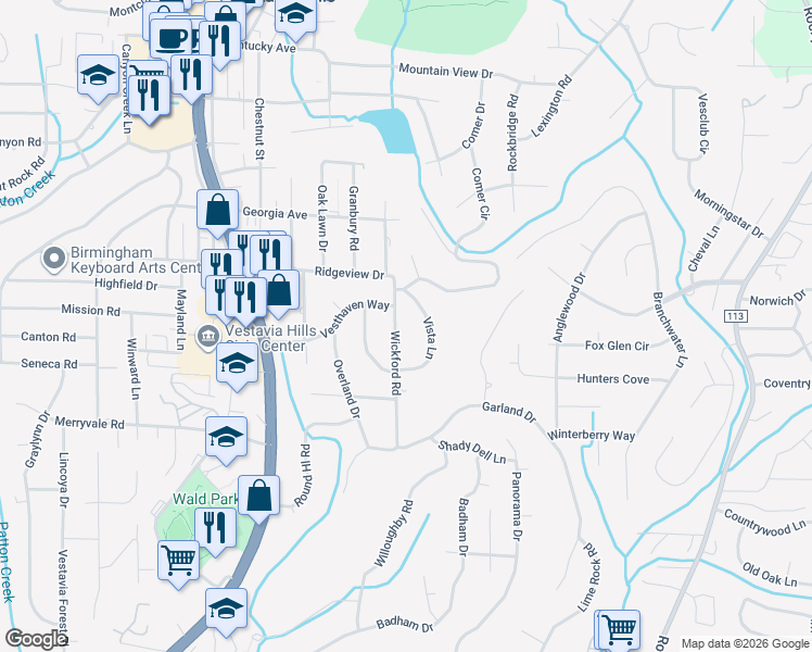 map of restaurants, bars, coffee shops, grocery stores, and more near 1208 Vista Lane in Vestavia Hills
