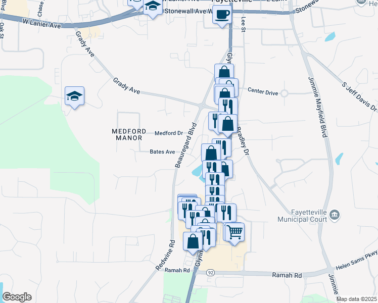map of restaurants, bars, coffee shops, grocery stores, and more near 110 Apple Blossom Lane in Fayetteville