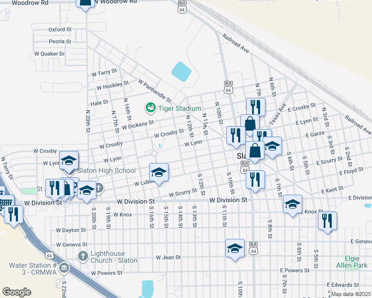 map of restaurants, bars, coffee shops, grocery stores, and more near 535 West Lynn Street in Slaton