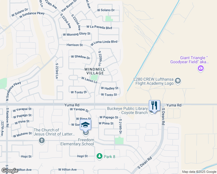 map of restaurants, bars, coffee shops, grocery stores, and more near 22008 West Hadley Street in Buckeye