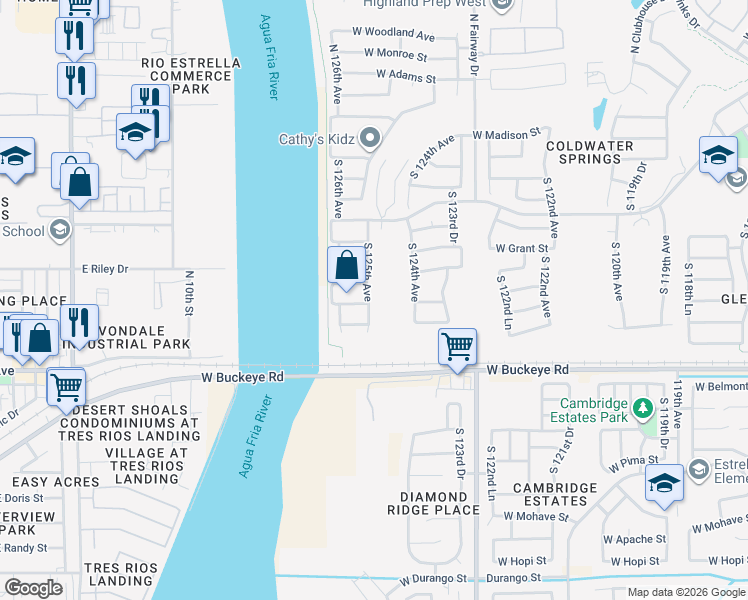 map of restaurants, bars, coffee shops, grocery stores, and more near 717 South 125th Avenue in Avondale