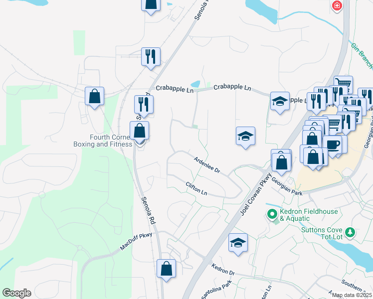 map of restaurants, bars, coffee shops, grocery stores, and more near 401 Winnock Point in Peachtree City
