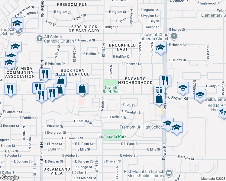 map of restaurants, bars, coffee shops, grocery stores, and more near 6450 East Brown Road in Mesa