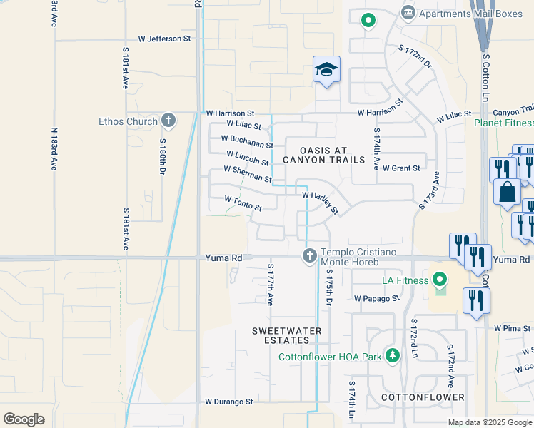 map of restaurants, bars, coffee shops, grocery stores, and more near 17705 West Tonto Street in Goodyear