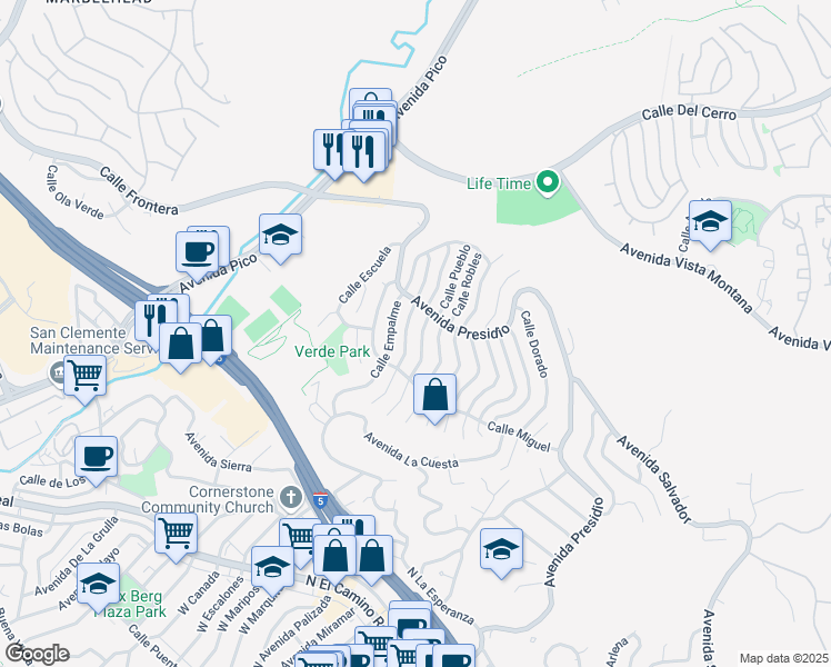 map of restaurants, bars, coffee shops, grocery stores, and more near 315 Calle Neblina in San Clemente