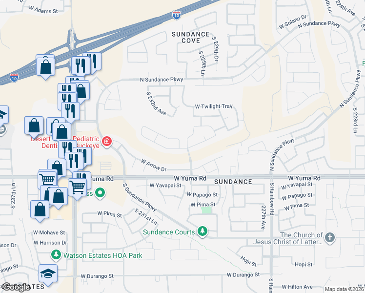 map of restaurants, bars, coffee shops, grocery stores, and more near 973 South 230th Drive in Buckeye